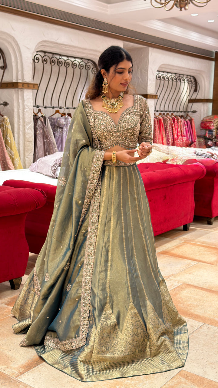 Dusty Olive Green Designer Lehenga Set with Heavy Embellished Blouse & Banarasi Flair