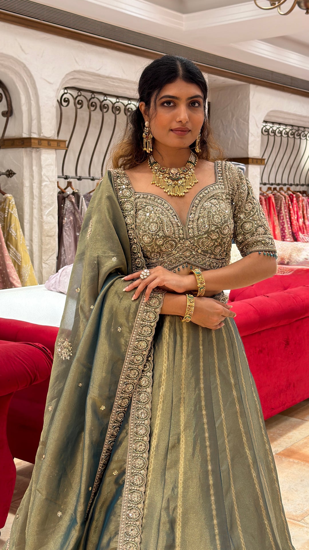 Dusty Olive Green Designer Lehenga Set with Heavy Embellished Blouse & Banarasi Flair