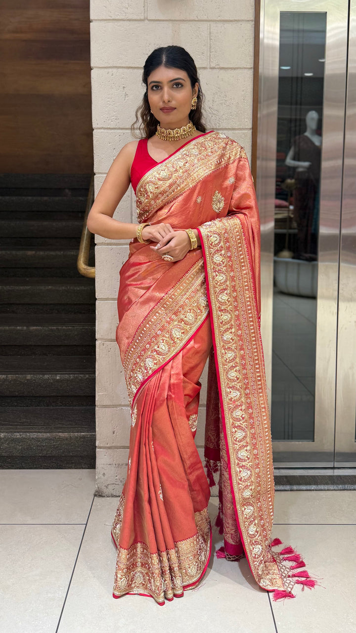 Rose Copper Banarasi Silk Saree with Intricate Zari Border & Tassel Pallu