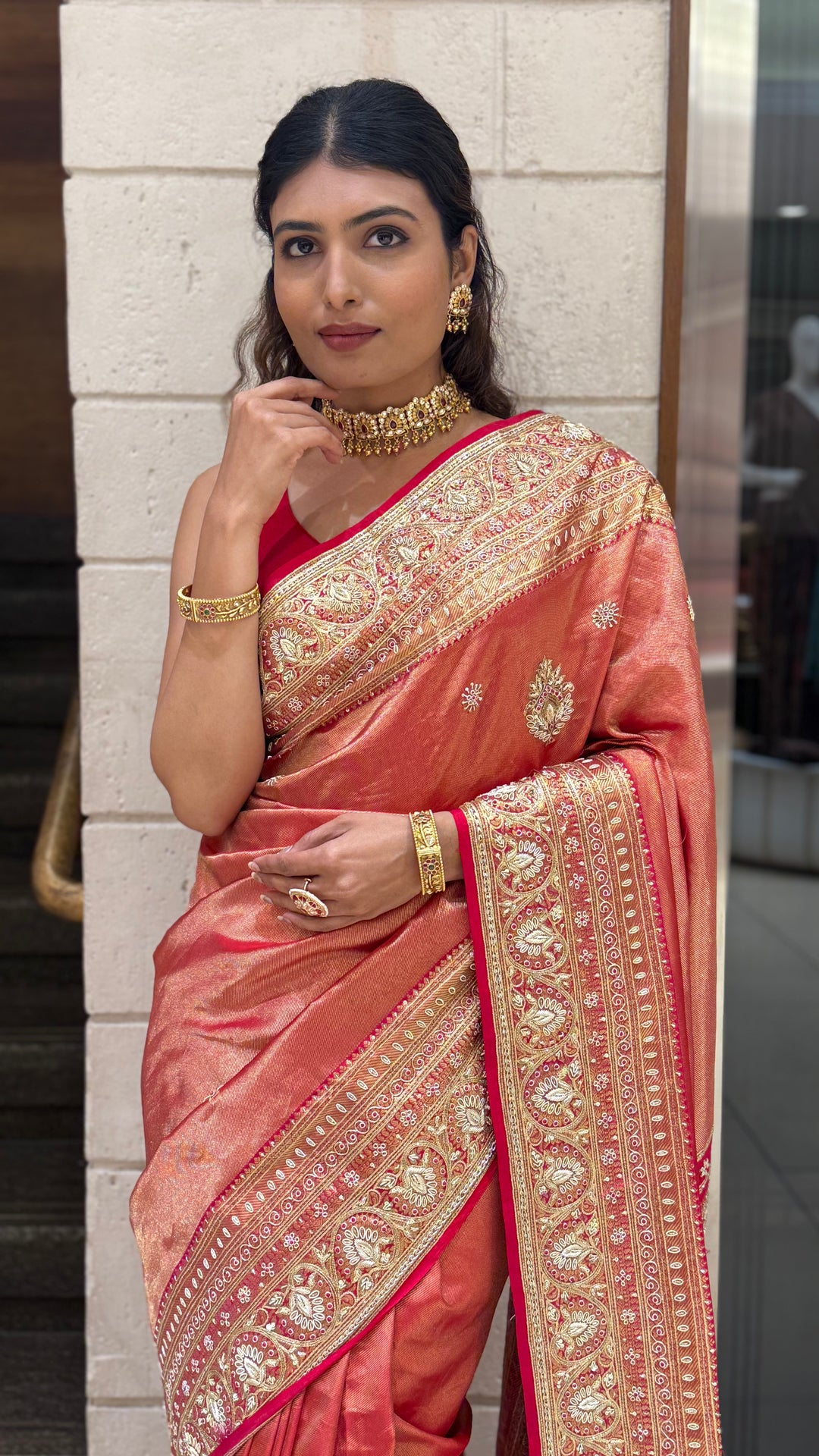 Rose Copper Banarasi Silk Saree with Intricate Zari Border & Tassel Pallu