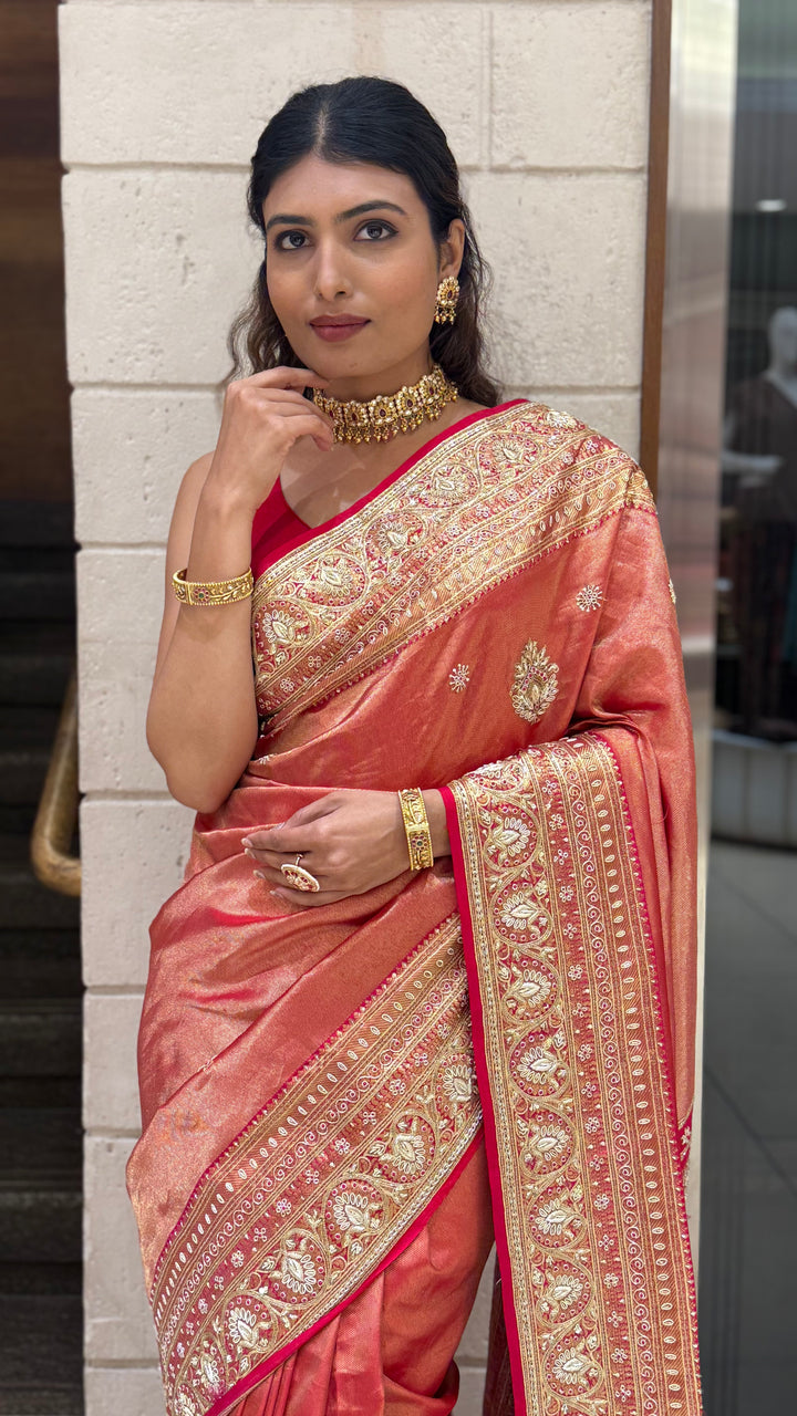 Rose Copper Banarasi Silk Saree with Intricate Zari Border & Tassel Pallu