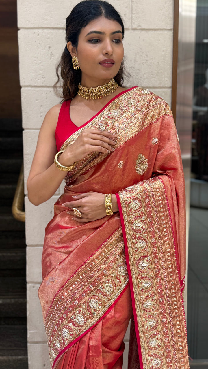 Rose Copper Banarasi Silk Saree with Intricate Zari Border & Tassel Pallu