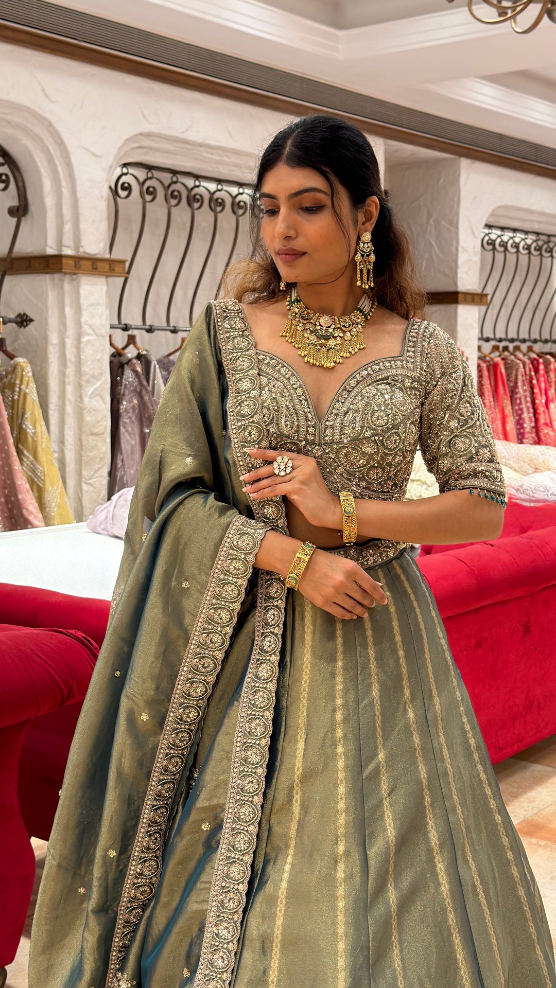 Dusty Olive Green Designer Lehenga Set with Heavy Embellished Blouse & Banarasi Flair