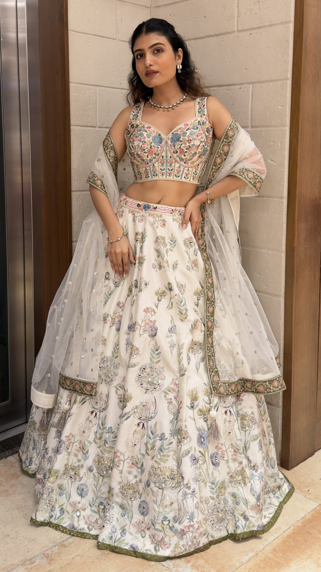 Ivory Floral Printed Designer Lehenga Choli with Embroidered Blouse & Soft Net Dupatta