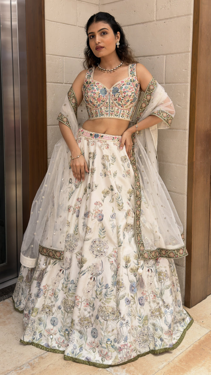 Ivory Floral Printed Designer Lehenga Choli with Embroidered Blouse & Soft Net Dupatta