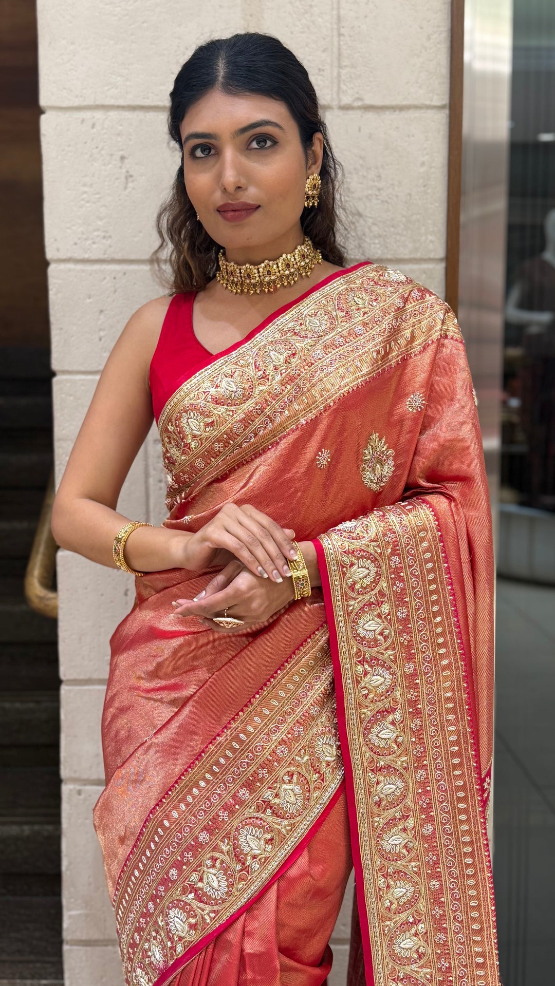 Rose Copper Banarasi Silk Saree with Intricate Zari Border & Tassel Pallu