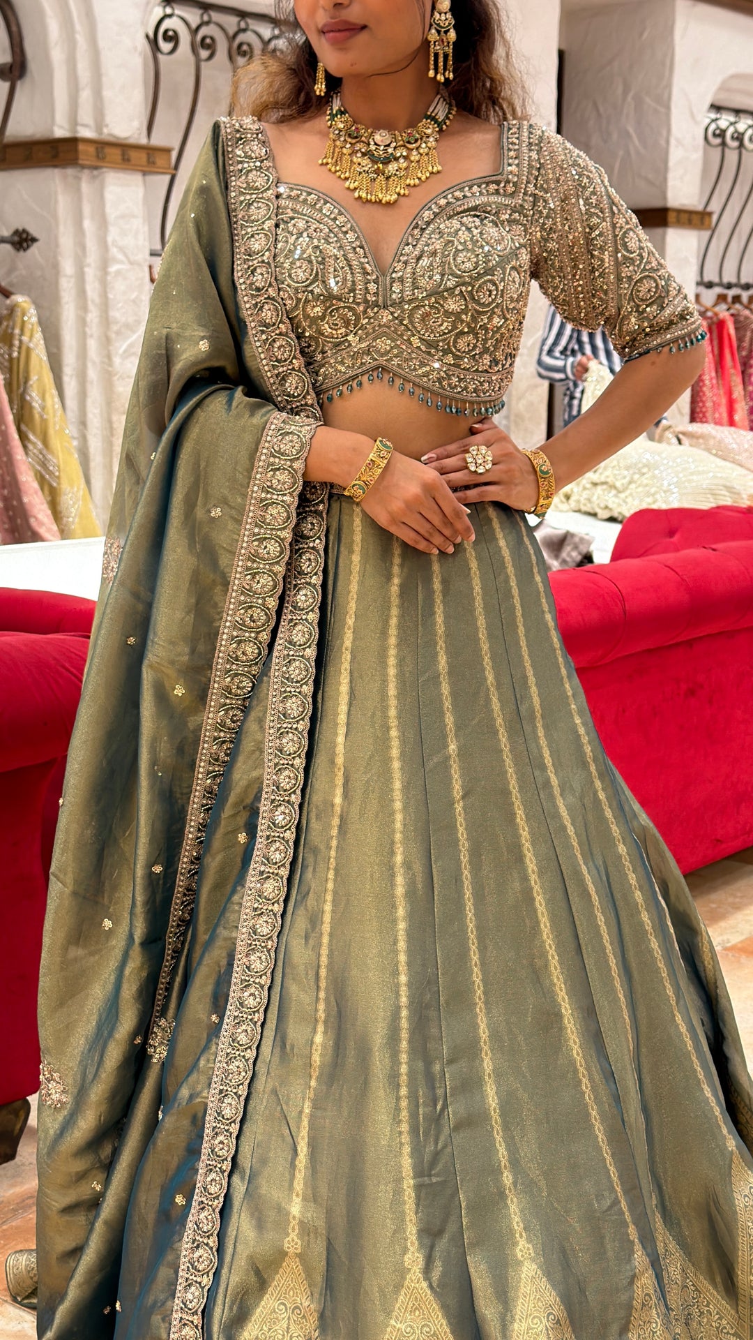 Dusty Olive Green Designer Lehenga Set with Heavy Embellished Blouse & Banarasi Flair