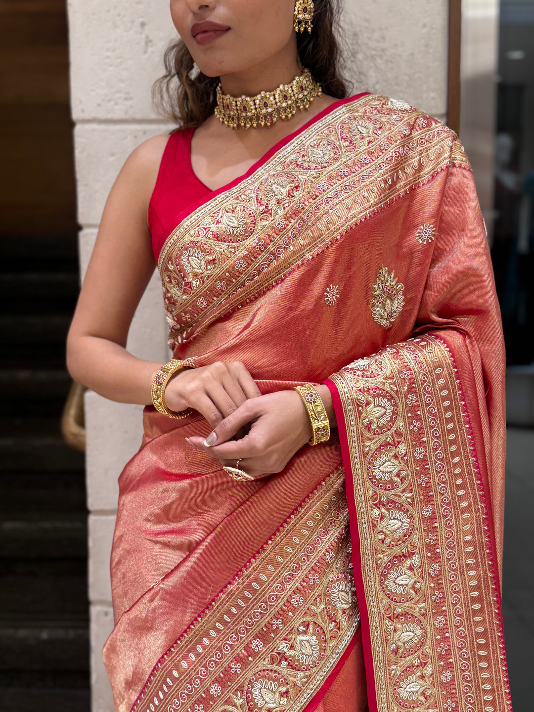 Rose Copper Banarasi Silk Saree with Intricate Zari Border & Tassel Pallu