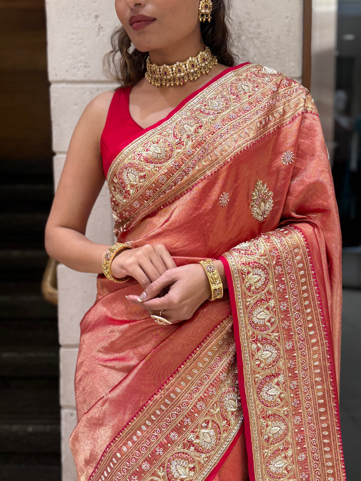 Rose Copper Banarasi Silk Saree with Intricate Zari Border & Tassel Pallu