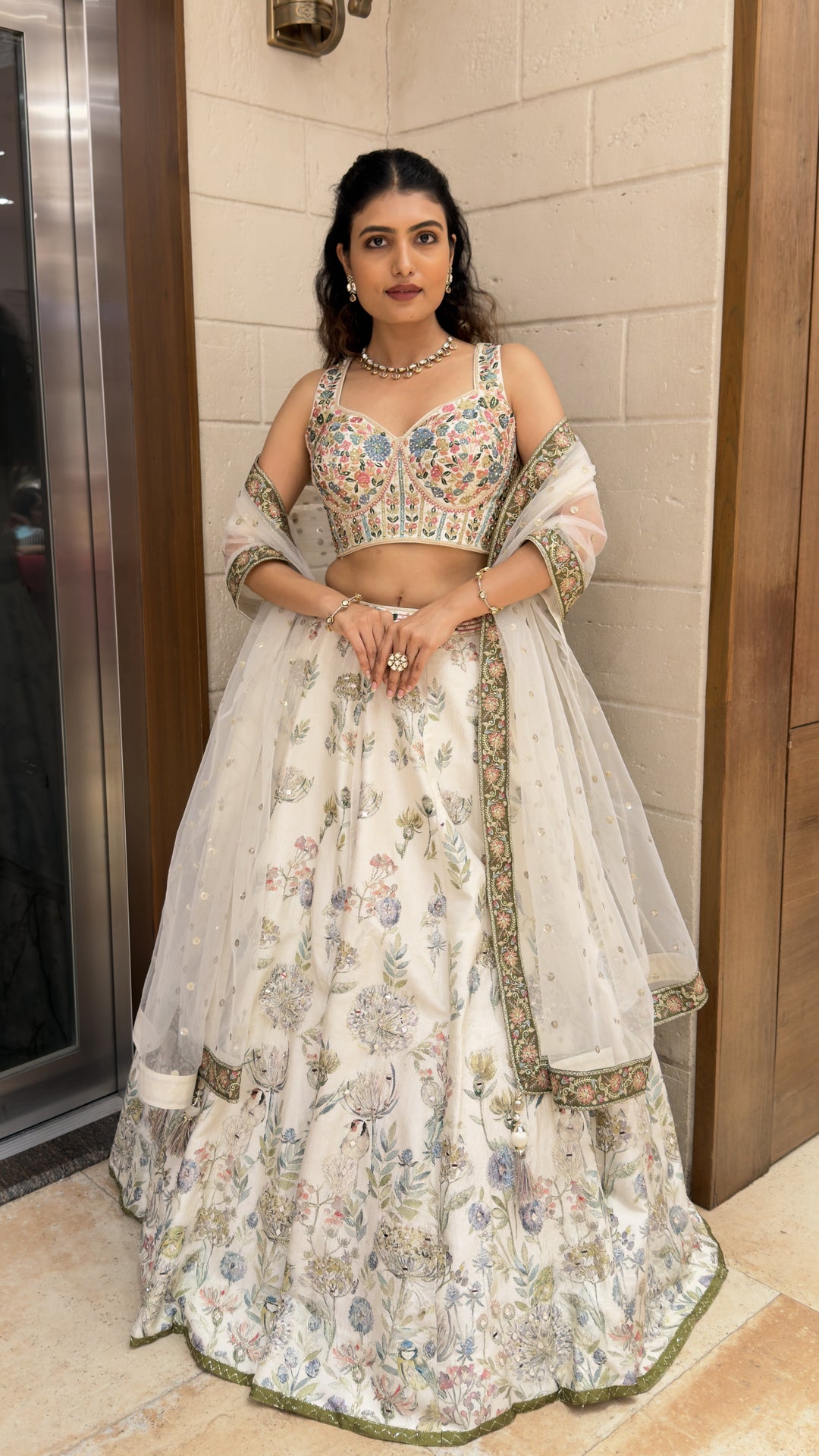 Ivory Floral Printed Designer Lehenga Choli with Embroidered Blouse & Soft Net Dupatta