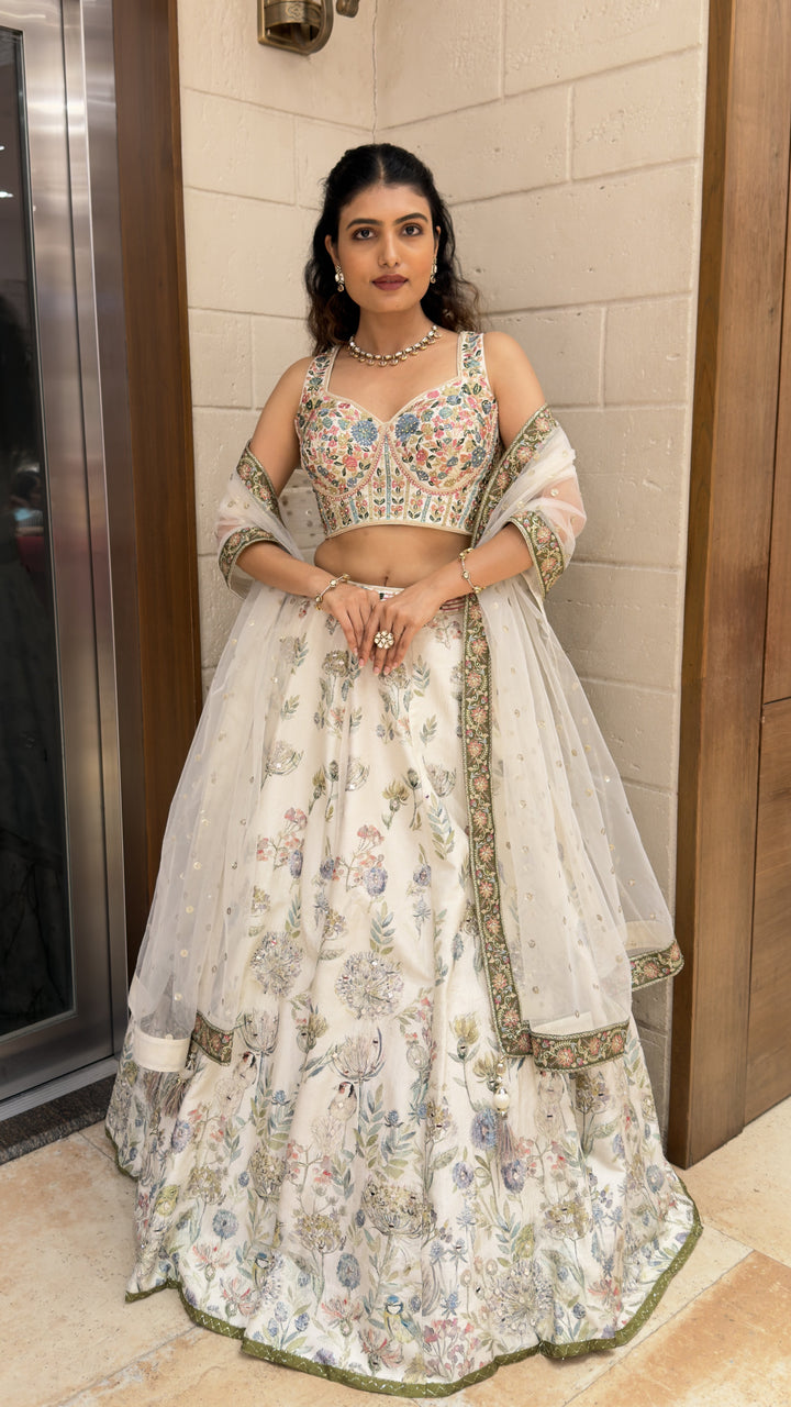 Ivory Floral Printed Designer Lehenga Choli with Embroidered Blouse & Soft Net Dupatta