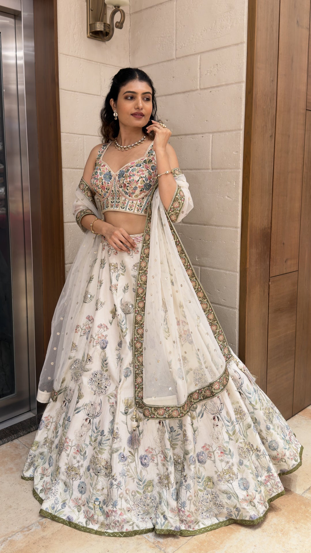 Ivory Floral Printed Designer Lehenga Choli with Embroidered Blouse & Soft Net Dupatta