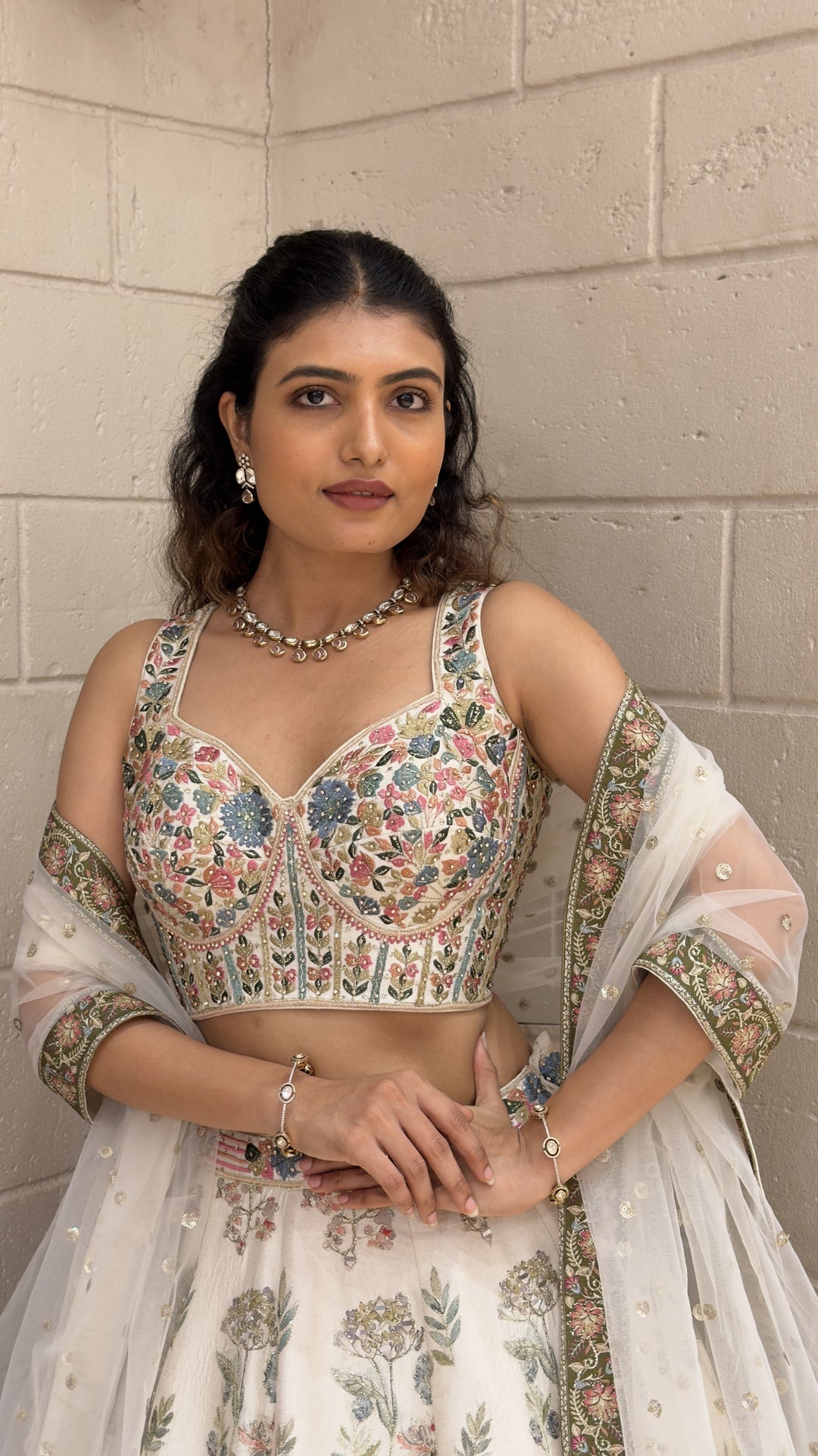 Ivory Floral Printed Designer Lehenga Choli with Embroidered Blouse & Soft Net Dupatta