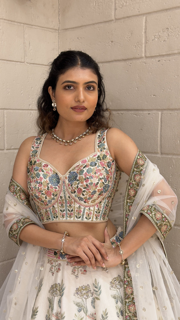 Ivory Floral Printed Designer Lehenga Choli with Embroidered Blouse & Soft Net Dupatta