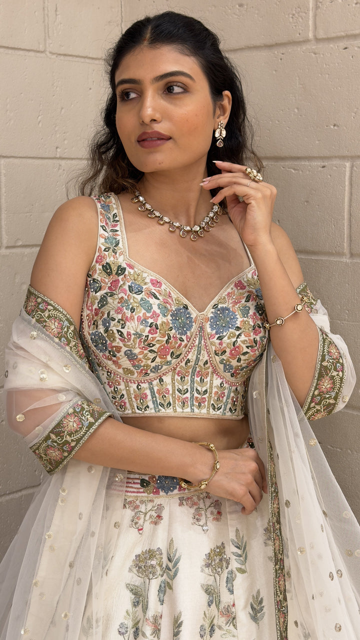 Ivory Floral Printed Designer Lehenga Choli with Embroidered Blouse & Soft Net Dupatta