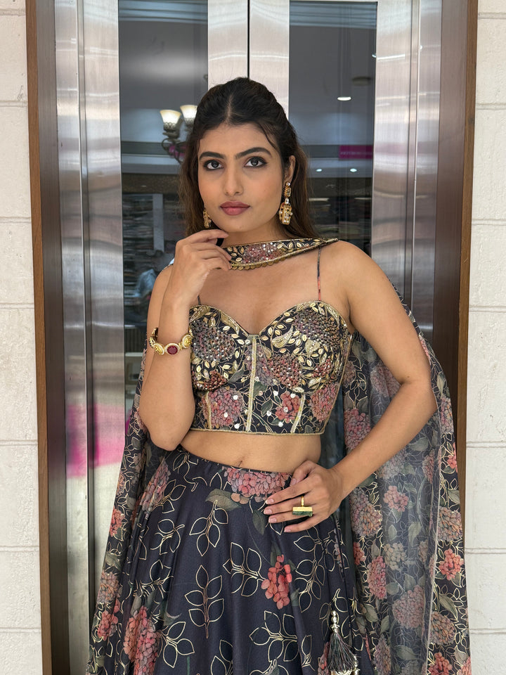 Deep Blue Floral Embellished Lehenga with Designer Bustier Blouse & Cape Dupatta