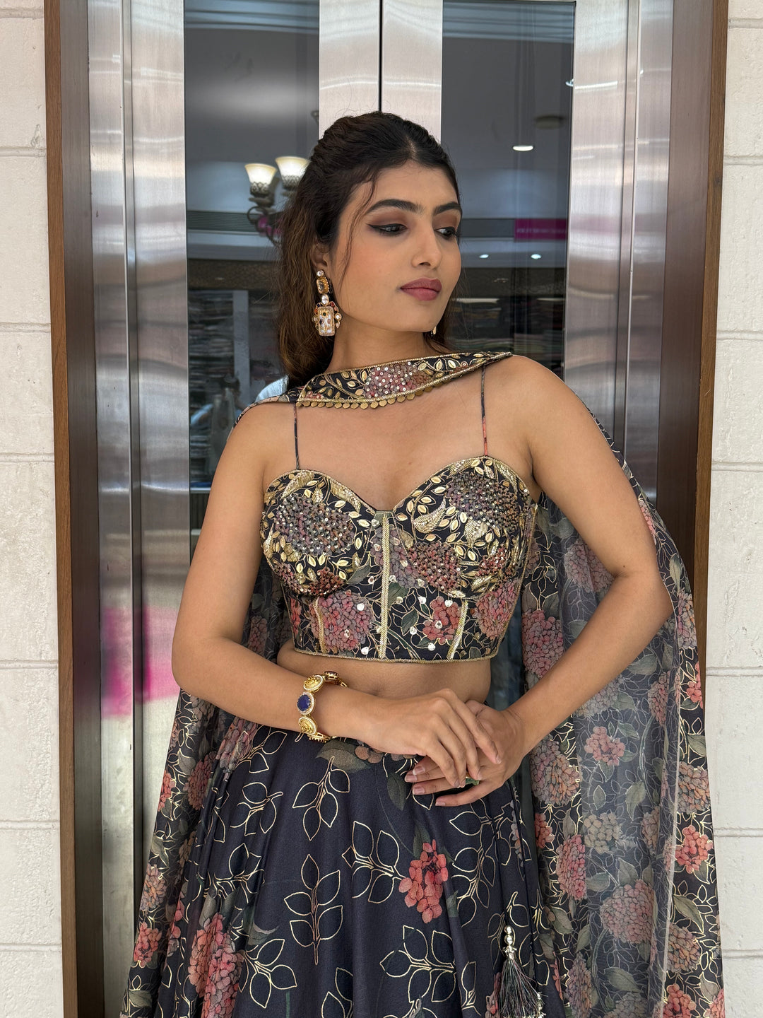 Deep Blue Floral Embellished Lehenga with Designer Bustier Blouse & Cape Dupatta