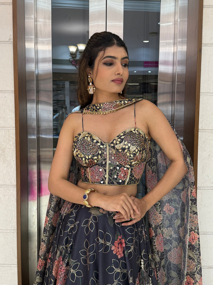Deep Blue Floral Embellished Lehenga with Designer Bustier Blouse & Cape Dupatta