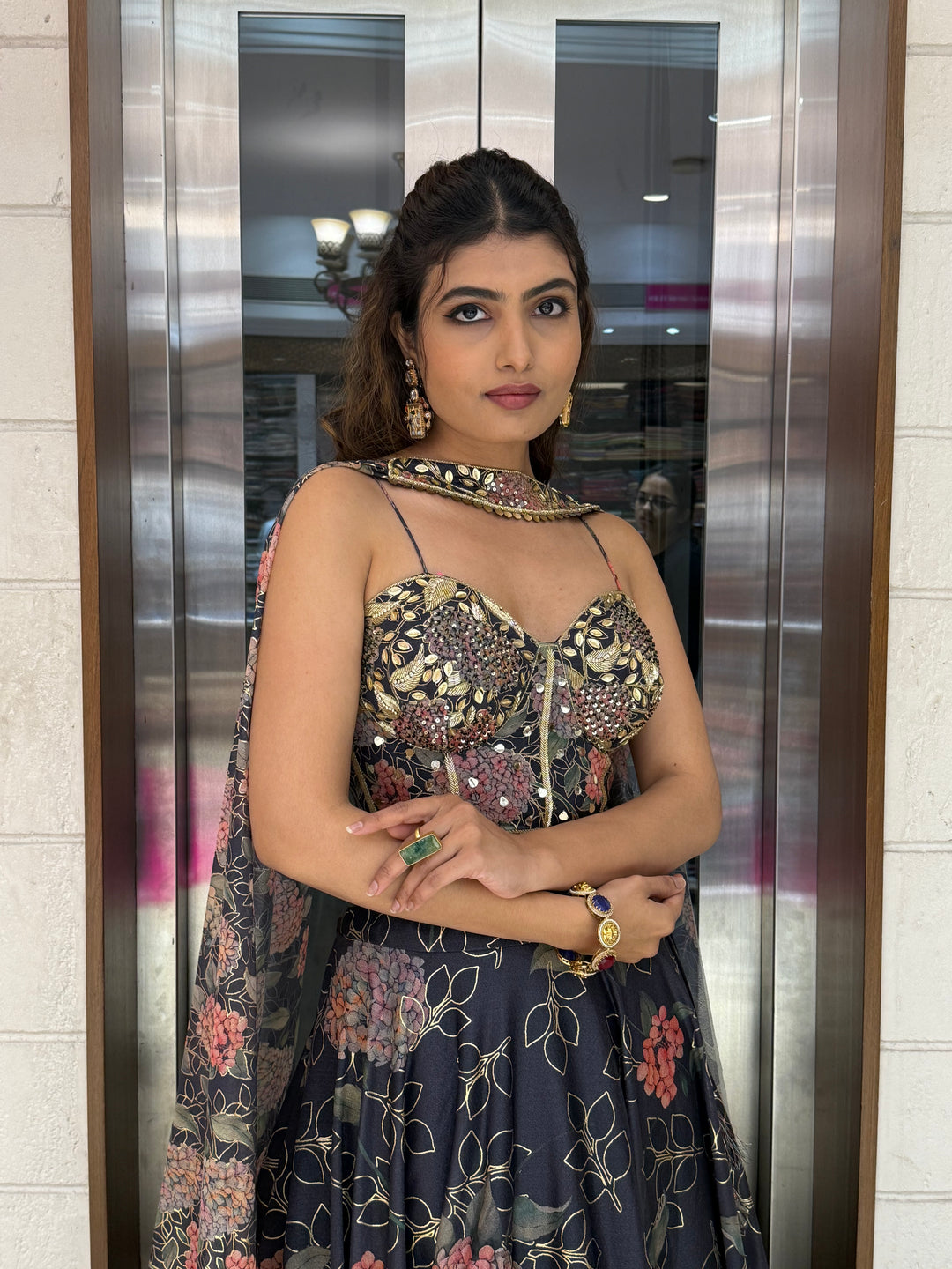 Deep Blue Floral Embellished Lehenga with Designer Bustier Blouse & Cape Dupatta