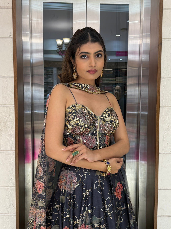 Deep Blue Floral Embellished Lehenga with Designer Bustier Blouse & Cape Dupatta