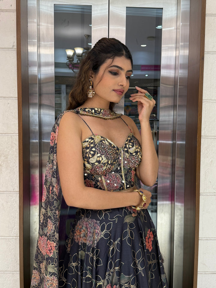 Deep Blue Floral Embellished Lehenga with Designer Bustier Blouse & Cape Dupatta