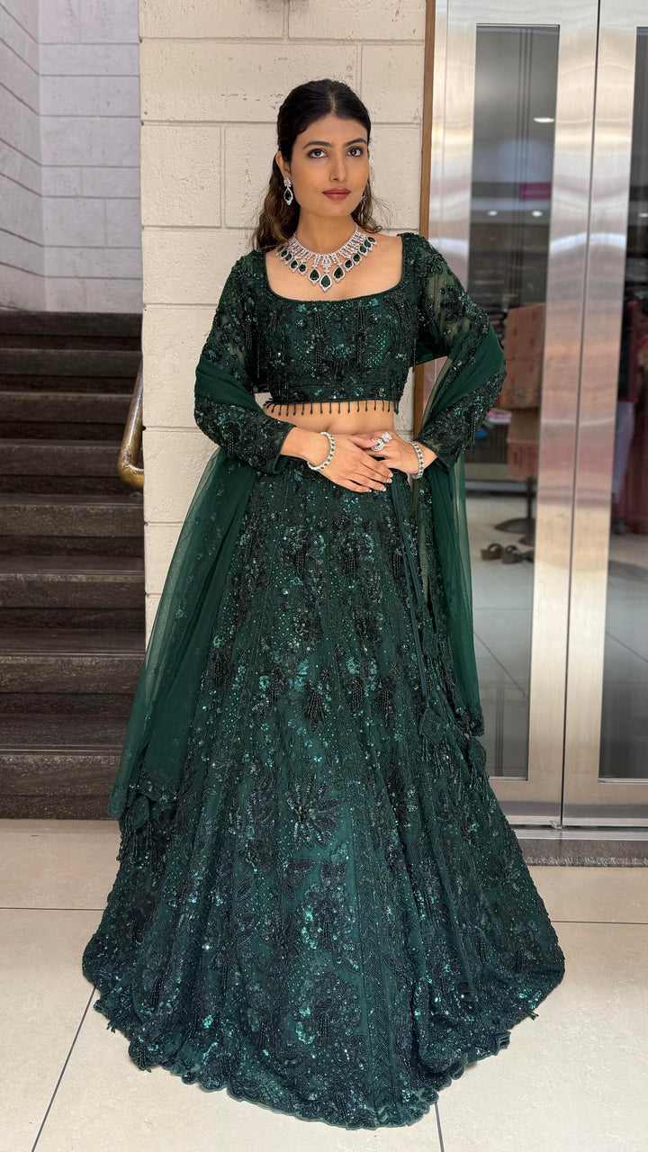 Emerald Royale Hand-Embroidered Lehenga Set with Sculpted Blouse & Soft Net Dupatta