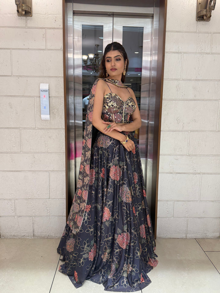 Deep Blue Floral Embellished Lehenga with Designer Bustier Blouse & Cape Dupatta