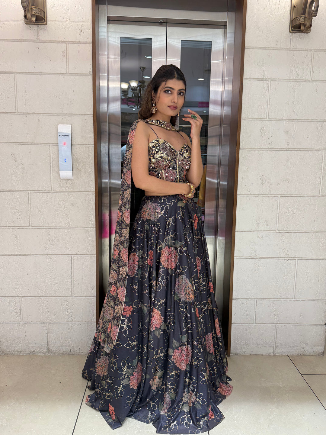 Deep Blue Floral Embellished Lehenga with Designer Bustier Blouse & Cape Dupatta