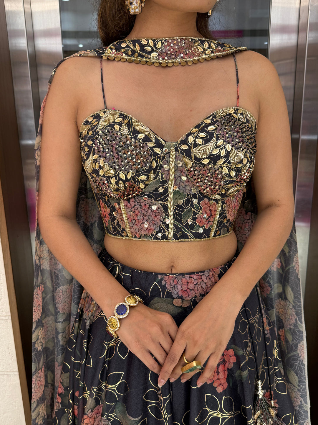 Deep Blue Floral Embellished Lehenga with Designer Bustier Blouse & Cape Dupatta