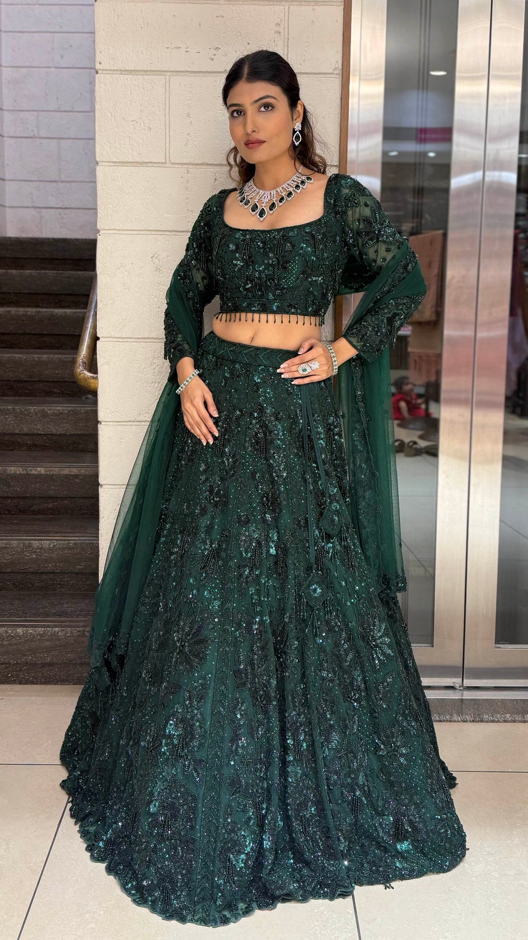 Emerald Royale Hand-Embroidered Lehenga Set with Sculpted Blouse & Soft Net Dupatta