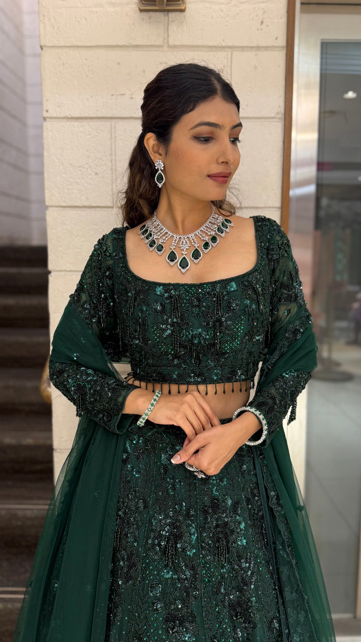 Emerald Royale Hand-Embroidered Lehenga Set with Sculpted Blouse & Soft Net Dupatta