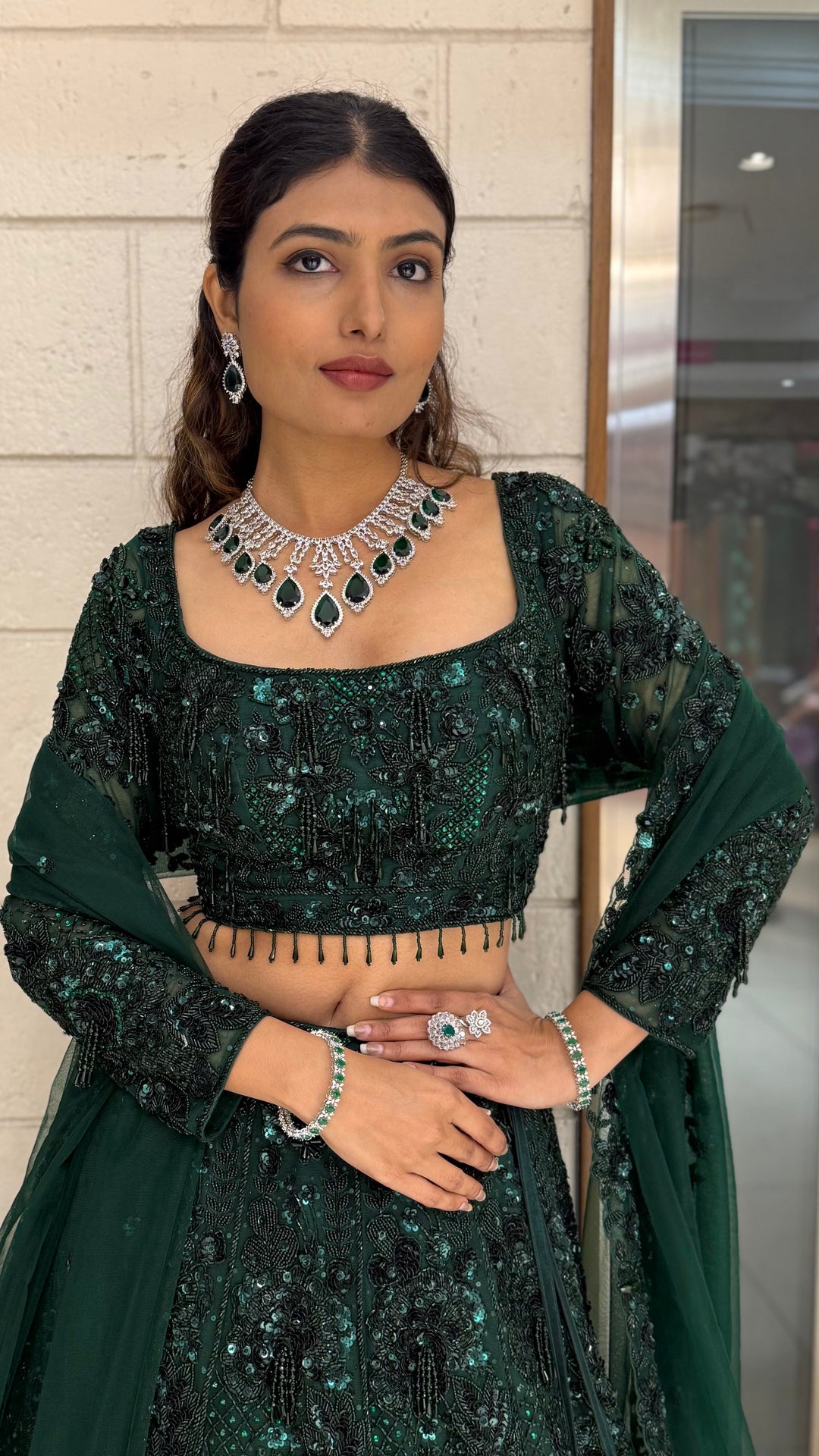 Emerald Royale Hand-Embroidered Lehenga Set with Sculpted Blouse & Soft Net Dupatta