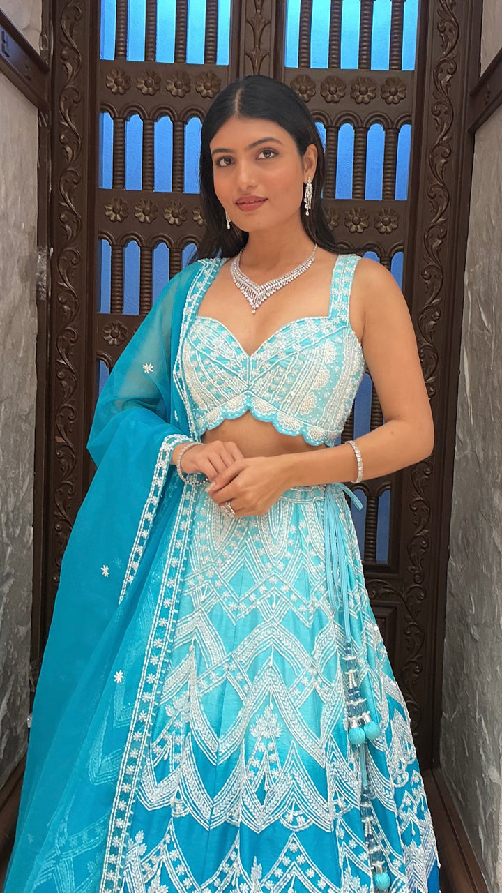 Aqua Blue Heavy Embroidered Designer Lehenga Set with Dupatta