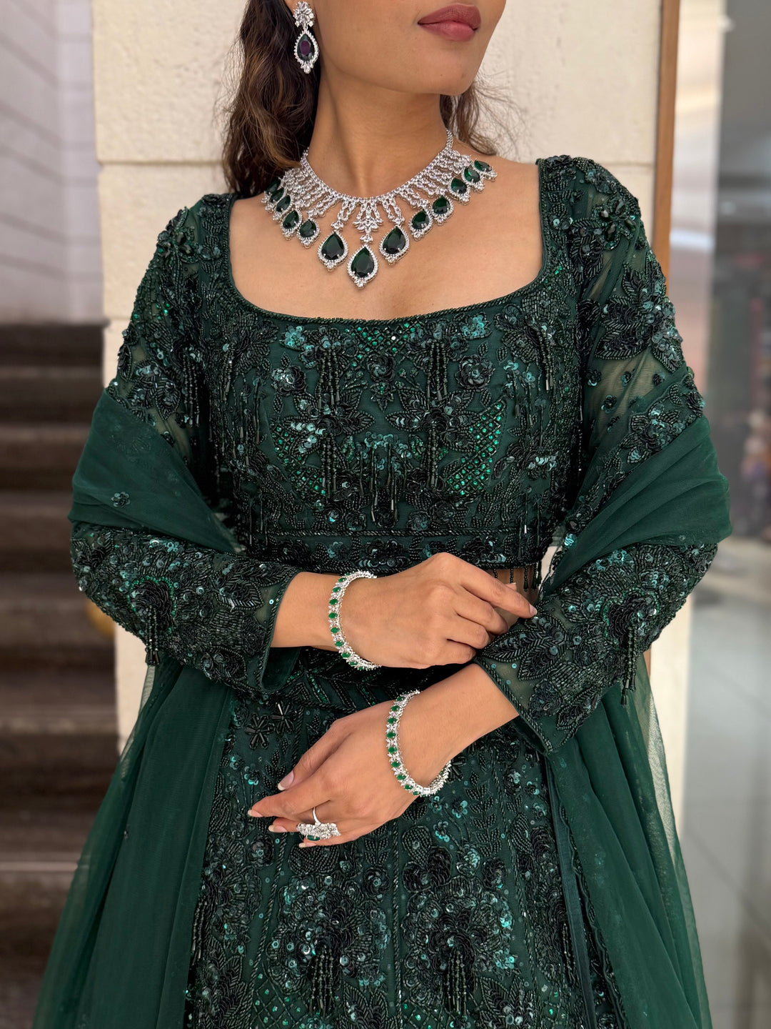 Emerald Royale Hand-Embroidered Lehenga Set with Sculpted Blouse & Soft Net Dupatta