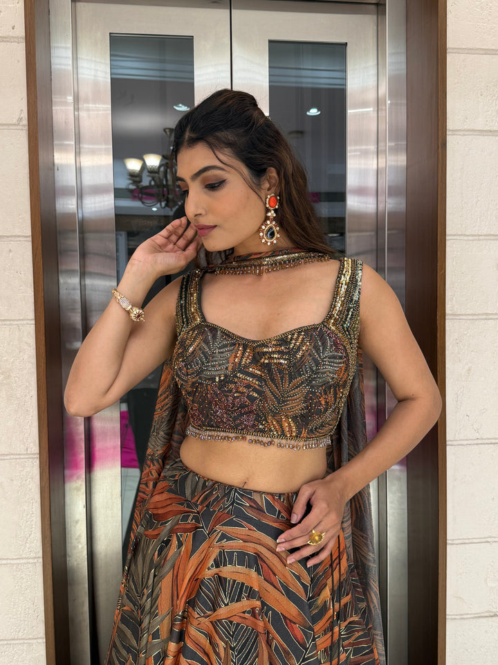 Rust Orange & Olive Leaf Print Lehenga with Embellished Blouse & Dupatta
