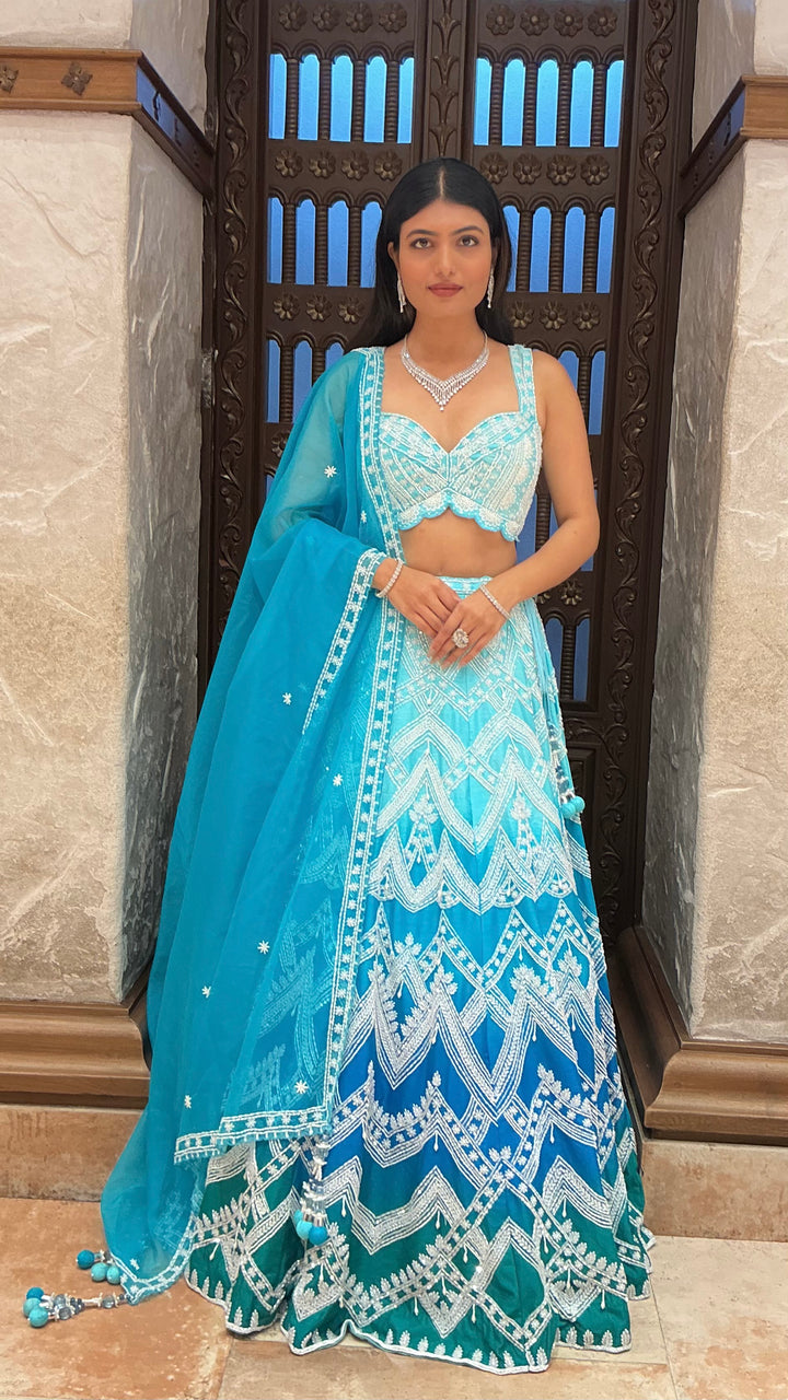 Aqua Blue Heavy Embroidered Designer Lehenga Set with Dupatta