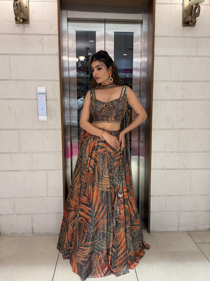 Rust Orange & Olive Leaf Print Lehenga with Embellished Blouse & Dupatta