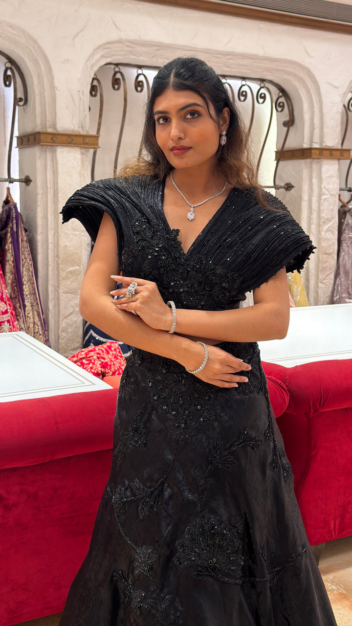 Midnight Black Couture Lehenga Set with Sculpted Embellished Blouse
