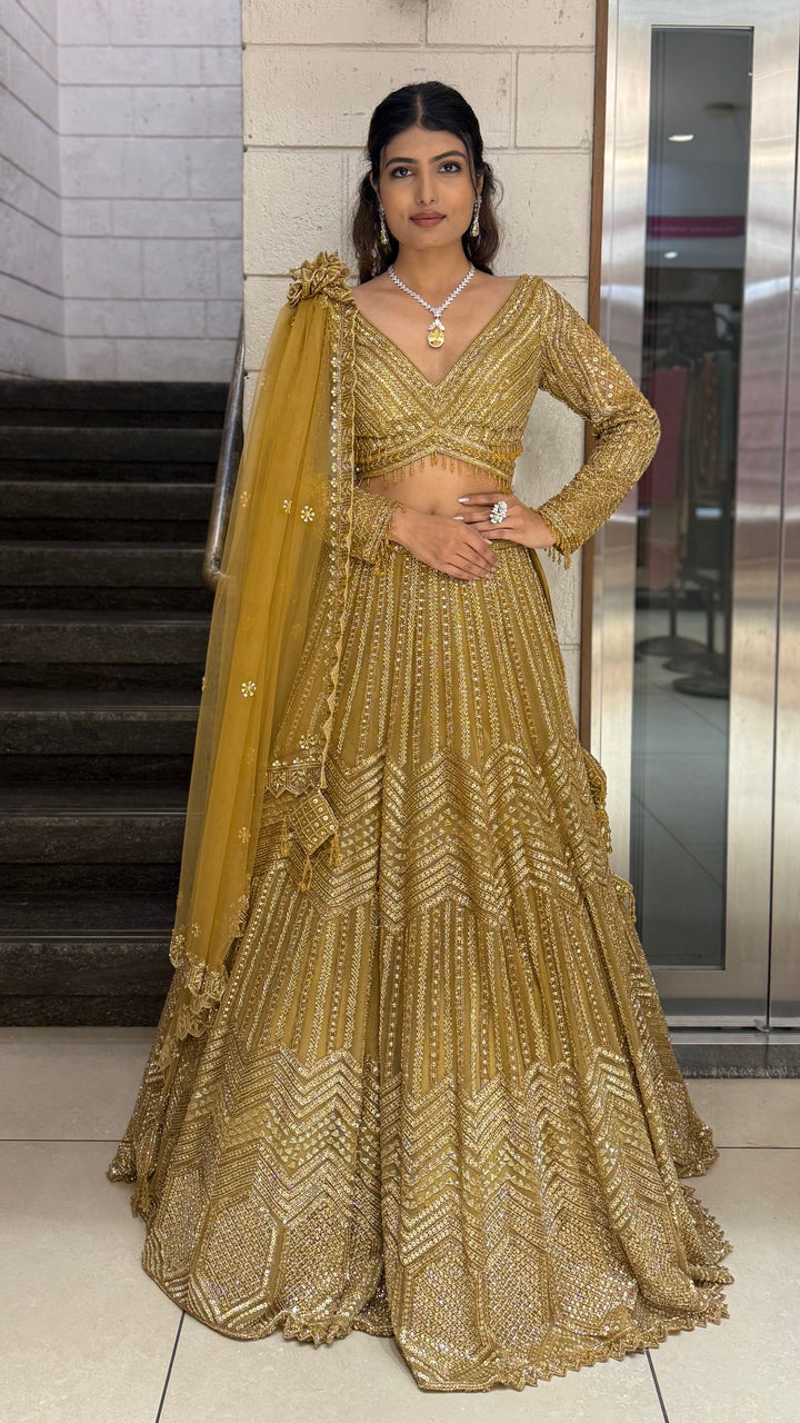 Antique Gold Hand-Embroidered Bridal Lehenga Set with Draped Dupatta