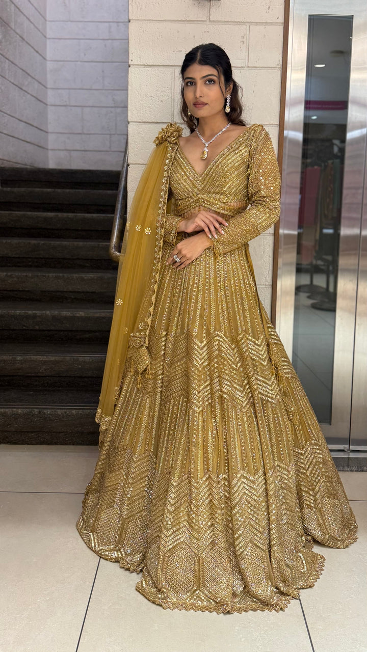 Antique Gold Hand-Embroidered Bridal Lehenga Set with Draped Dupatta