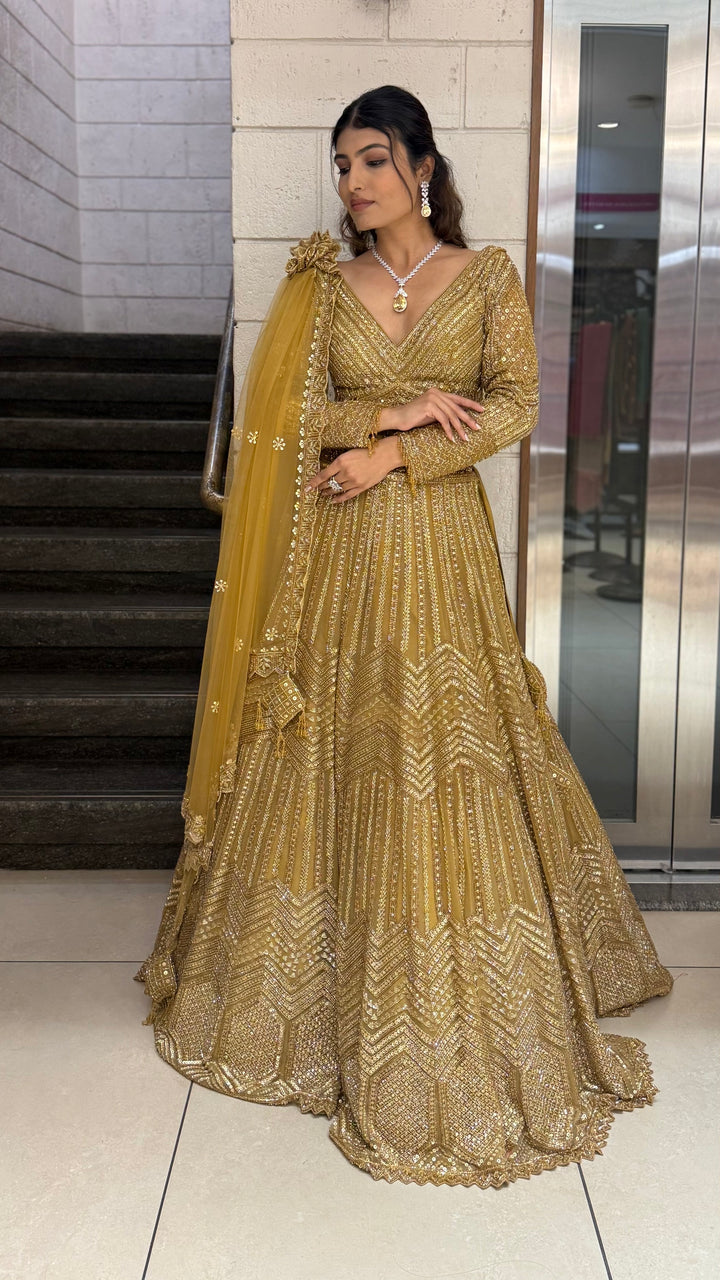 Antique Gold Hand-Embroidered Bridal Lehenga Set with Draped Dupatta