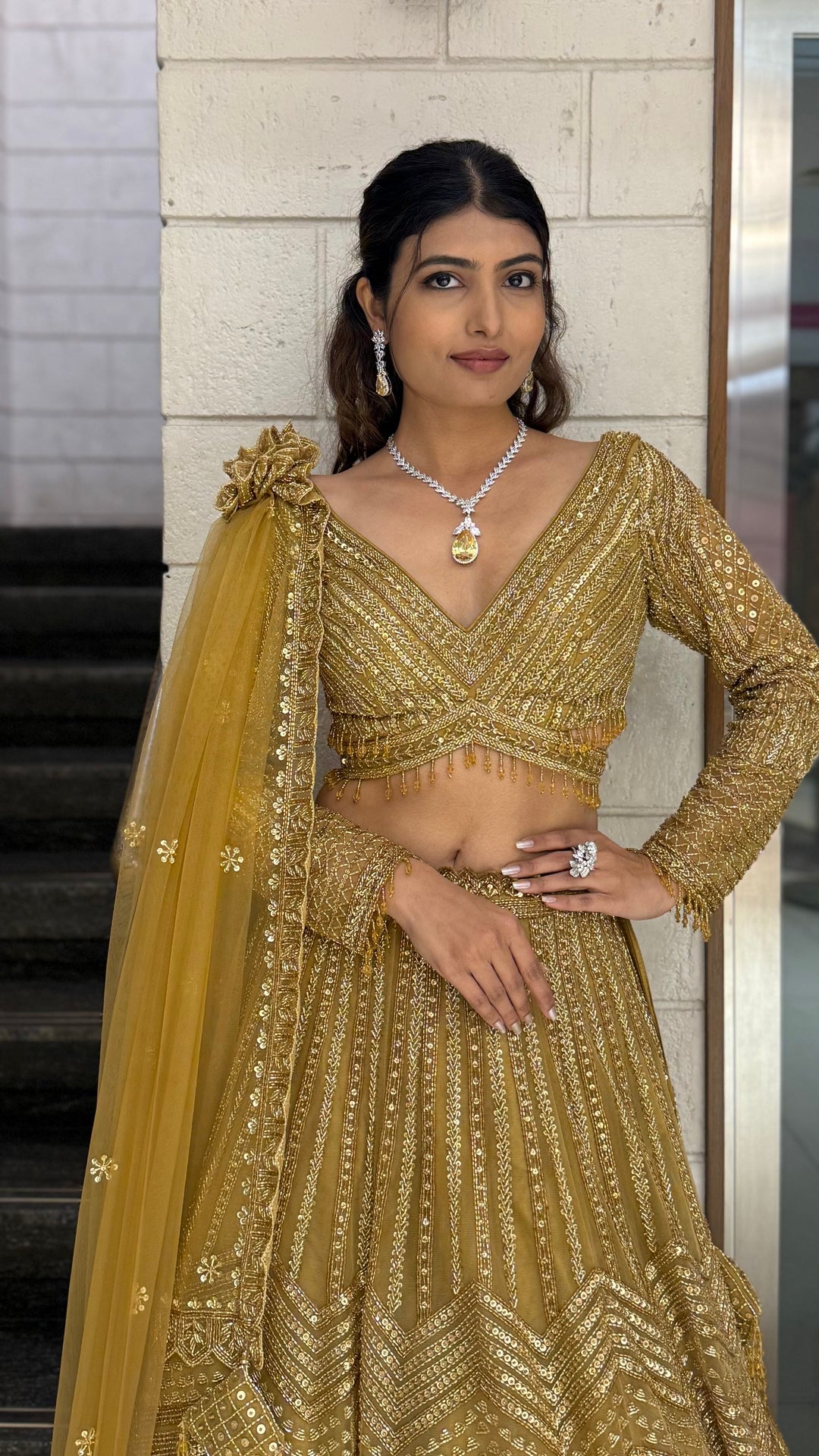 Antique Gold Hand-Embroidered Bridal Lehenga Set with Draped Dupatta