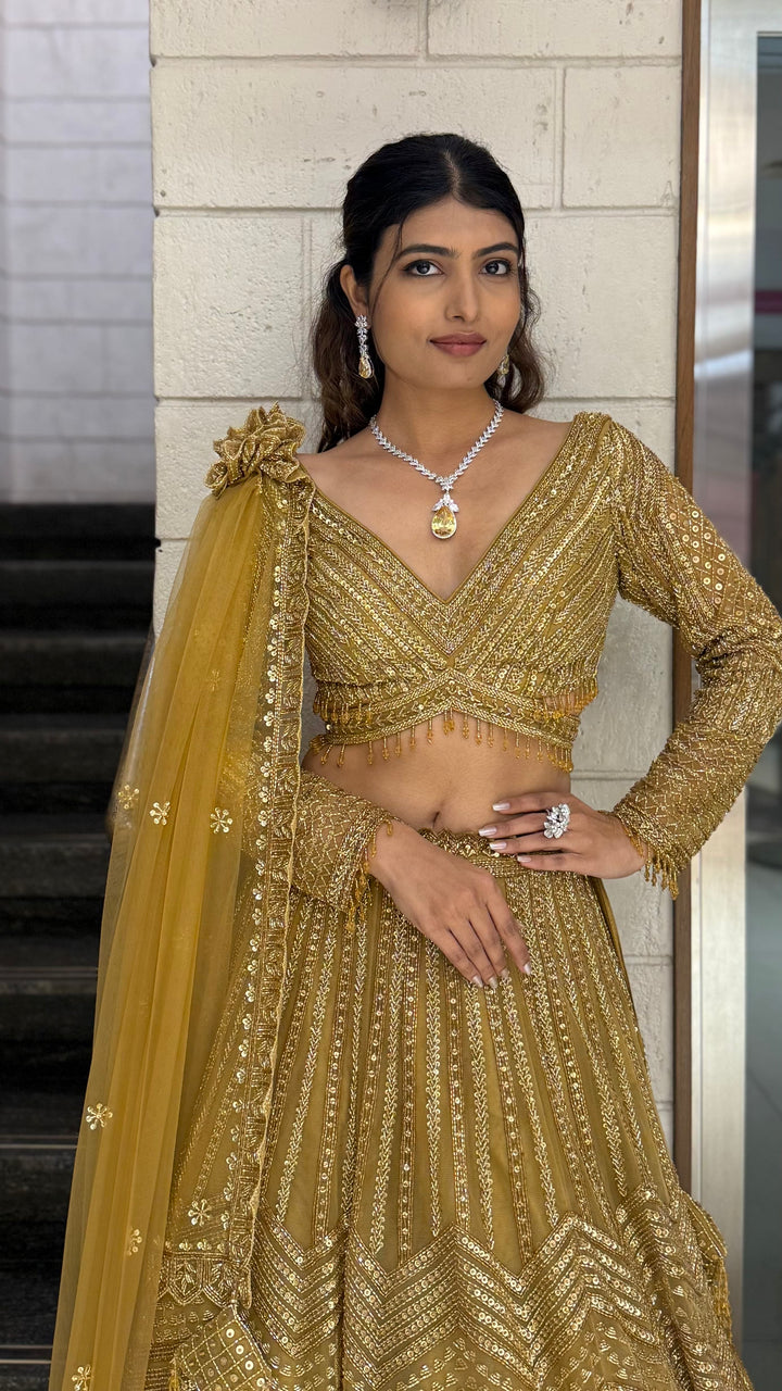 Antique Gold Hand-Embroidered Bridal Lehenga Set with Draped Dupatta