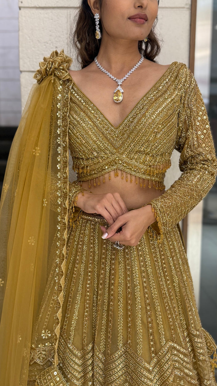 Antique Gold Hand-Embroidered Bridal Lehenga Set with Draped Dupatta