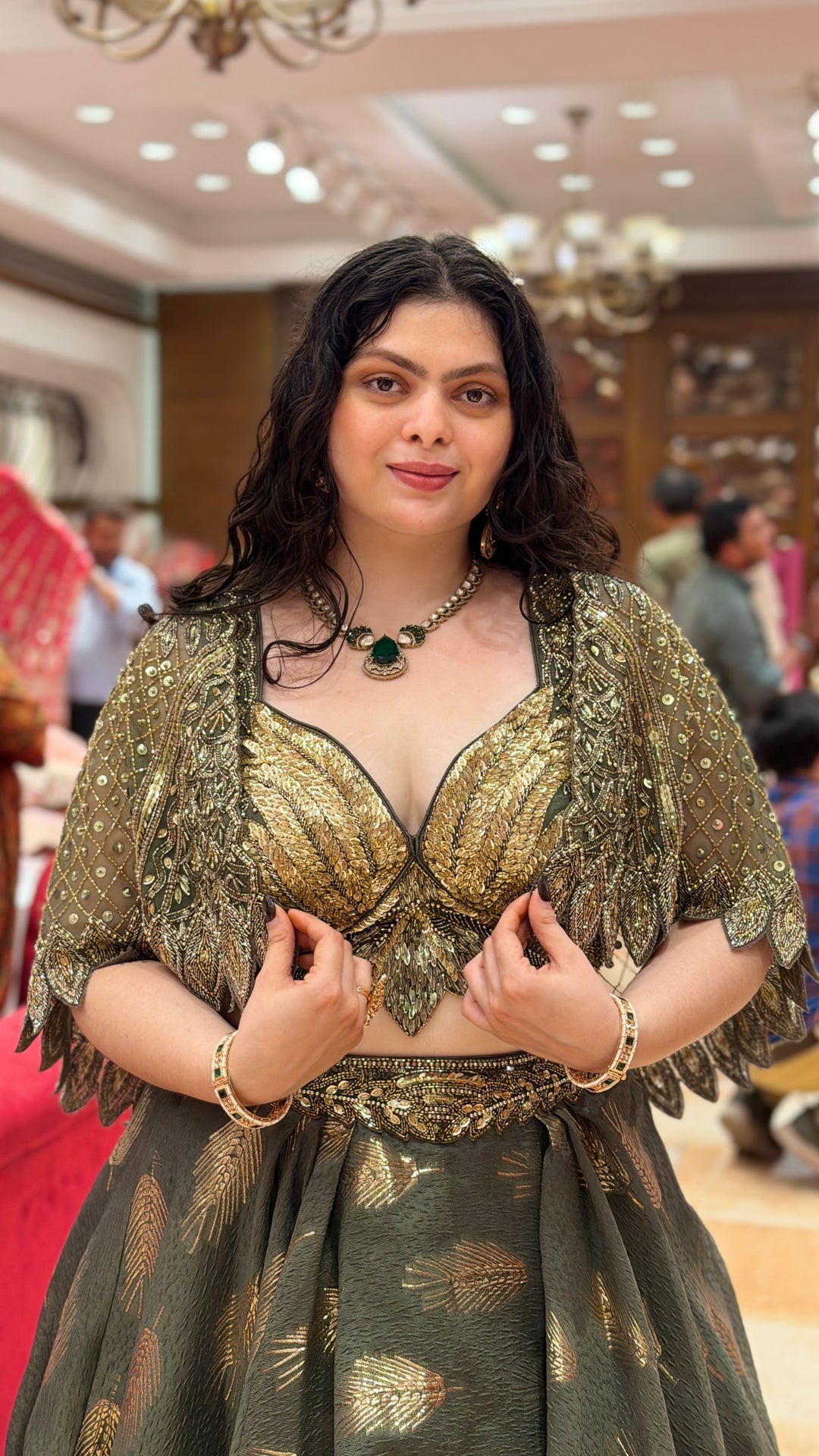 Olive Green Designer Lehenga Choli with Embellished Cape Sleeves