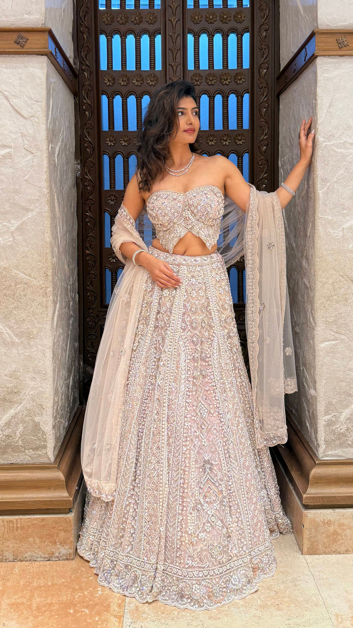 Champagne Ivory & Silver Embellished Lehenga with Corset Blouse & Net Dupatta