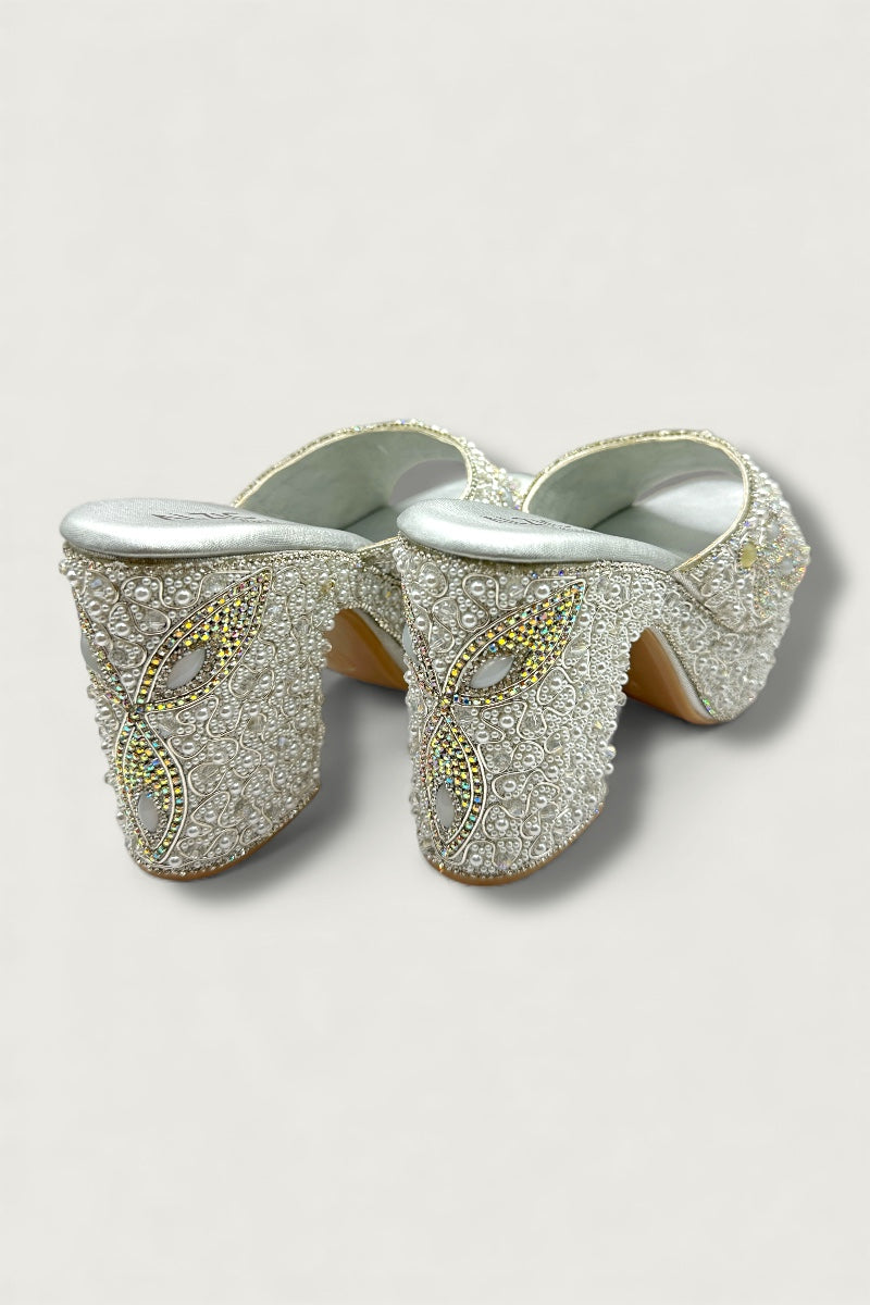Silver Luxury Pearl & Crystal Hand-Embellished High Platform Designer Heels
