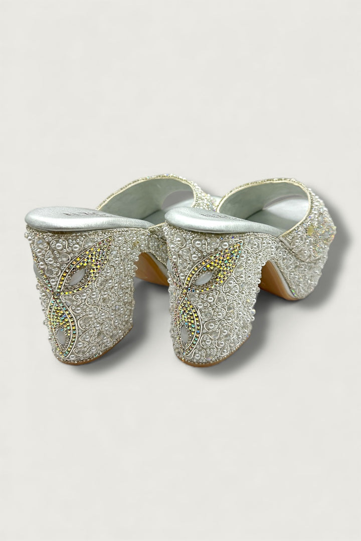 Silver Luxury Pearl & Crystal Hand-Embellished High Platform Designer Heels