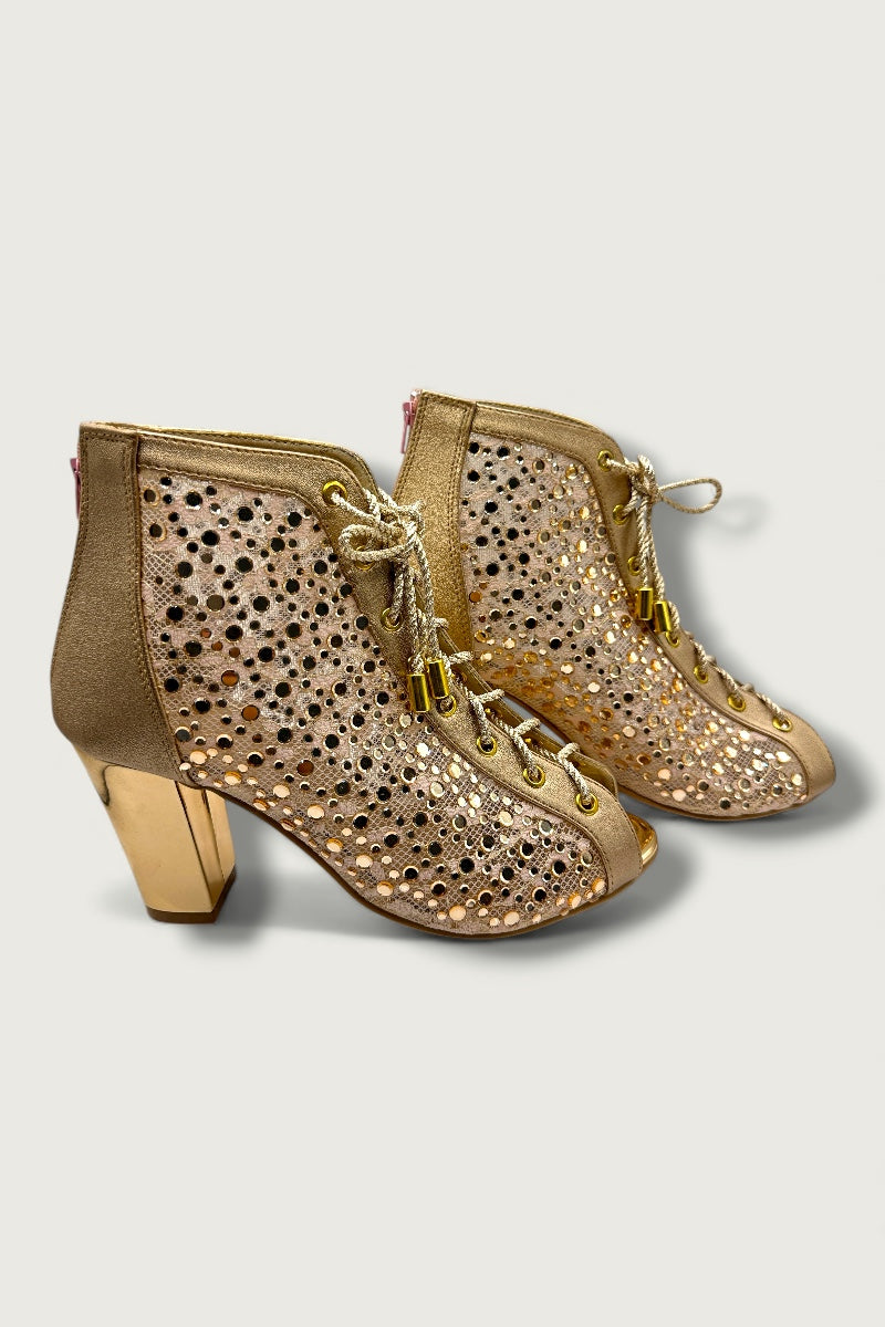 Golden Mesh Peep-Toe Heels with Lace-Up Detail – Glam Comfort Edition