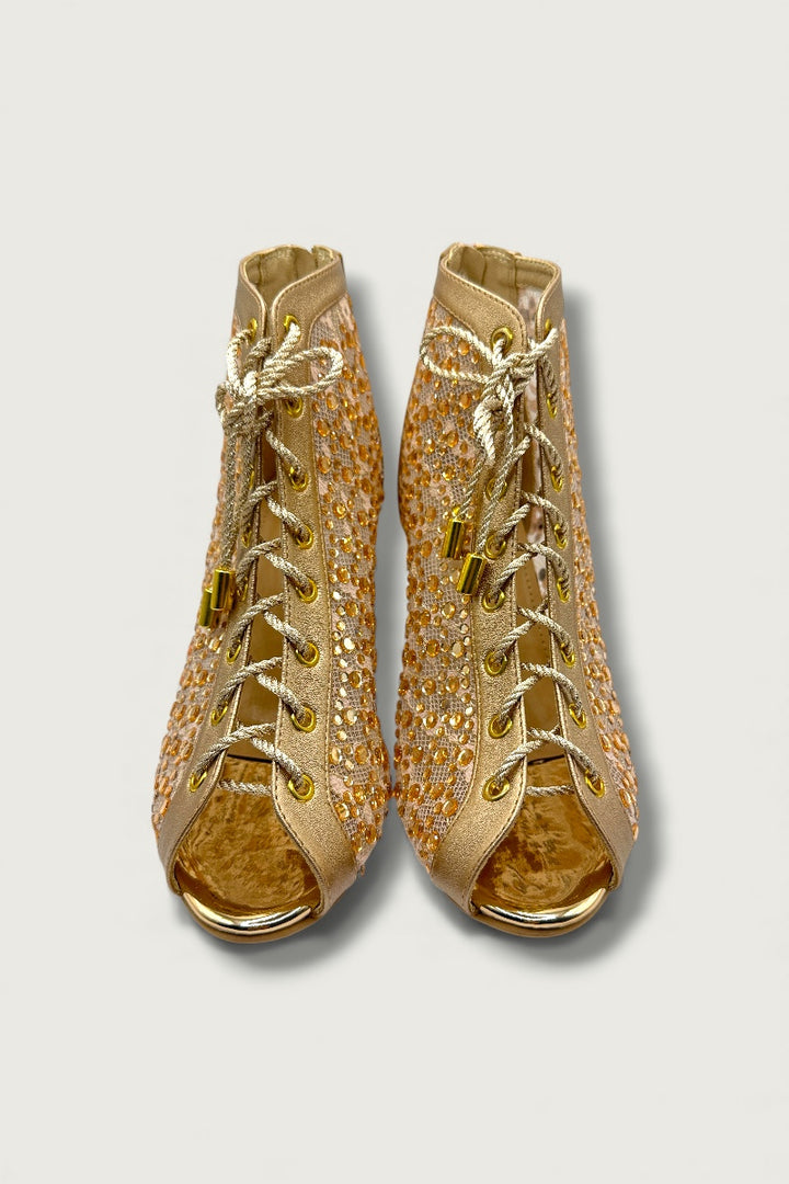 Golden Mesh Peep-Toe Heels with Lace-Up Detail – Glam Comfort Edition